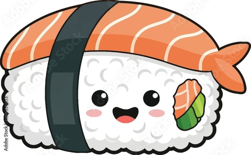 cute sushi roll with happy face on white background
