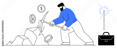Man swings pickaxe at rocks to unearth currency symbols, suggesting resource extraction. Wind turbine and briefcase indicate renewable energy and business concepts. Ideal for finance, labor, energy