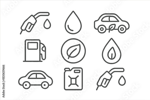Collection of thin line symbols for gas station, eco energy, and automotive transport