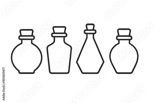 Set of four outline potion bottles with cork stoppers for alchemy and magic concepts