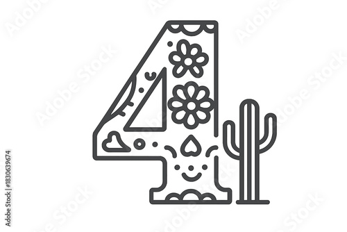 Ornate line art numeral four with floral patterns, happy face, and desert cactus symbol