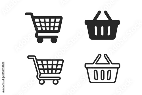 Universal shopping cart and basket icons for online retail and digital commerce