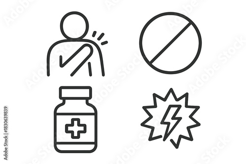Line art symbols depicting various medical symptoms, physical pain, pharmaceutical treatment, and health warnings