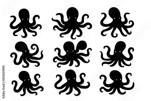 Cute black octopus silhouettes seamless pattern with white outline on white background