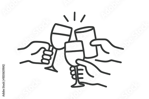 Multiple hands holding various glasses clinking together in a celebratory toast