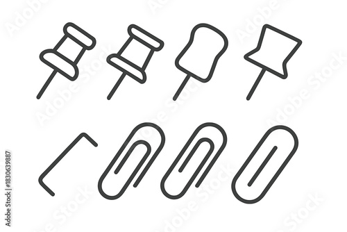 Outline icons set of supplies including various pushpins and paper clips