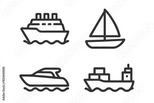 Set of four outline symbols depicting different types of ships and boats sailing on the ocean