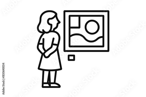 Female visitor observing abstract painting displayed on wall in modern art gallery or museum exhibition