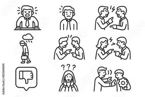 Line symbols depicting negative emotions, workplace conflict, stress, and disagreement