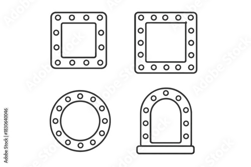 Set of outline icons depicting illuminated makeup mirrors with light bulbs in square, round, and arched shapes