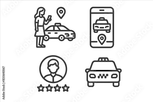 Symbols for taxi service, ride-sharing application, customer rating, and vehicle location