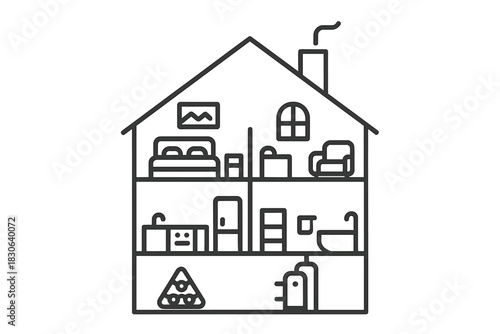 Detailed architectural cross section of a residential home displaying rooms, furniture, and utility systems
