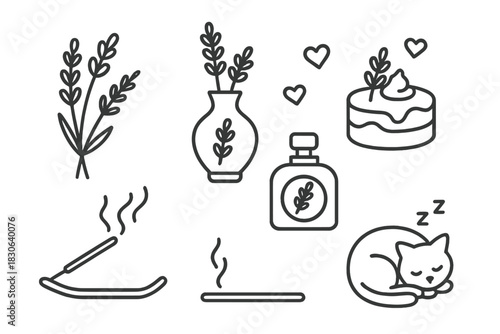 Minimalist outline symbols of lavender, incense, perfume, dessert, and sleeping cat