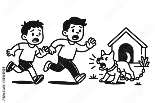 Scared young boys running away quickly from an angry chained dog barking aggressively