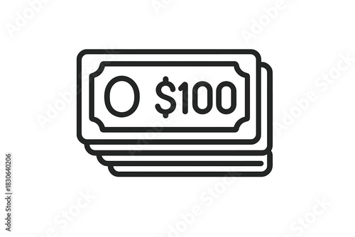 Minimalist black line icon of stacked hundred dollar banknotes symbolizing wealth and finance