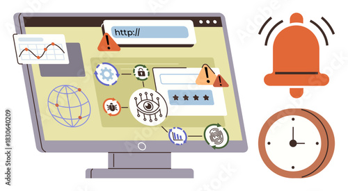 Computer monitor displaying cybersecurity threats, warnings, and system alerts bell notification and clock emphasizing urgency. Ideal for online security, risk management, IT, cyber safety, alerts