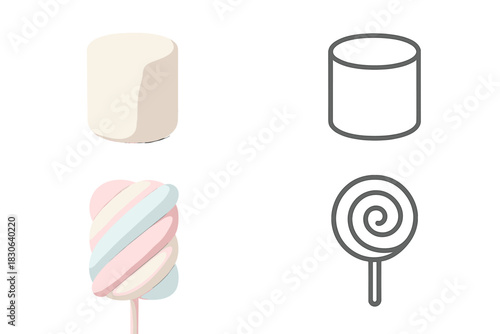 Sweet candy icons featuring marshmallows and lollipops in detailed and outline versions