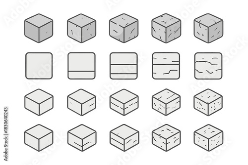 Set of simple gray cubic and square icons showing various material textures and damage levels
