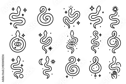 Mystical snake symbols and esoteric serpent designs with celestial elements