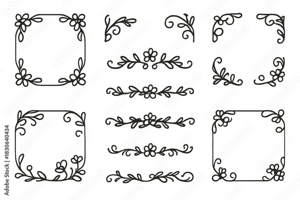 Fototapeta premium Elegant hand drawn floral frames corners and dividers set for wedding invitations and greeting cards design