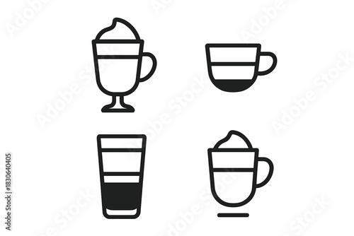 Minimalist outline symbols of hot coffee drinks in various cups and glasses