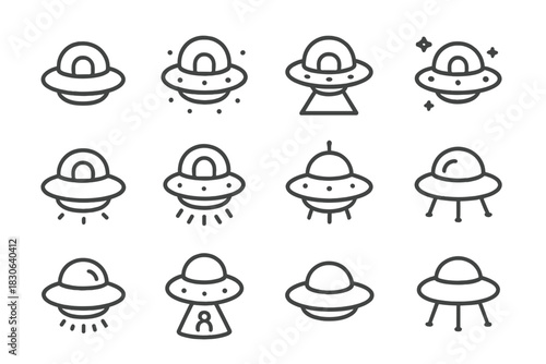 Various flying saucer and UFO designs representing alien spacecraft and cosmic travel