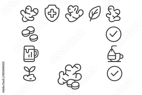 Collection of line icons representing ginger root, herbal remedies, and natural wellness