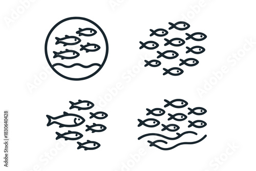 Simple line drawings of schools of fish swimming together in the ocean water