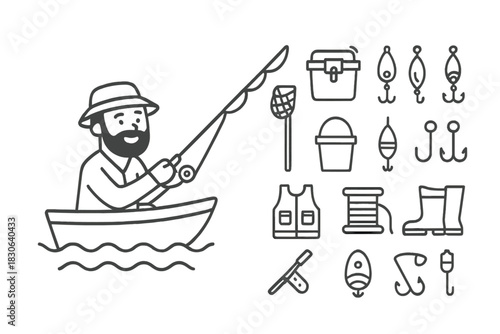 Set of outline icons depicting a fisherman catching fish and essential angling gear