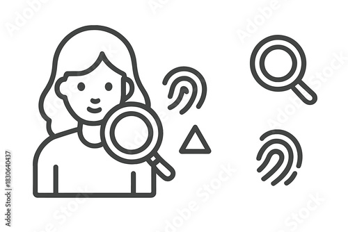 Woman authenticating identity using biometric fingerprint scan and magnifying glass
