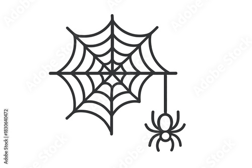 Minimalist black line art of a hanging spider on a detailed spiderweb for Halloween