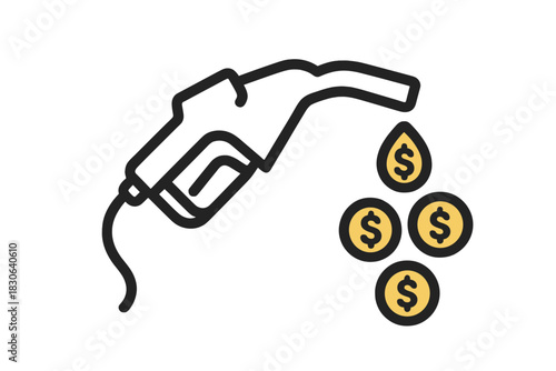 Fuel pump nozzle dripping money symbolizing high gasoline cost and inflation