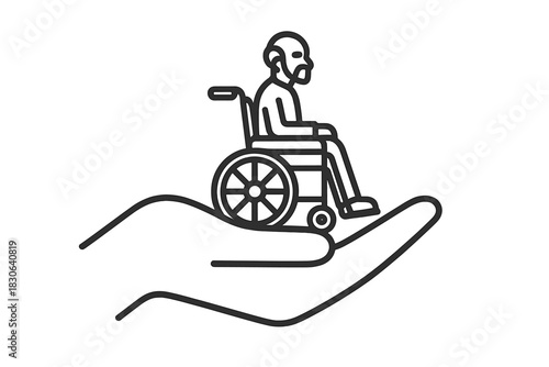 Hand supporting elderly person in wheelchair symbolizing care and assistance for disabled
