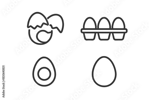 Minimalist outline symbols depicting various forms of chicken eggs and packaging