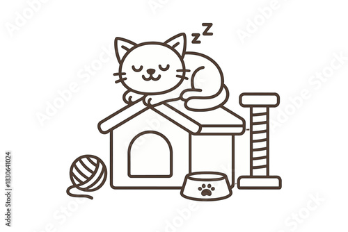 Cute sleeping kitten resting on cozy pet house with scratching post and yarn ball