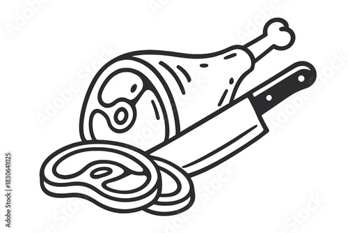 Raw meat cuts including steak and leg roast and a butcher's cleaver knife