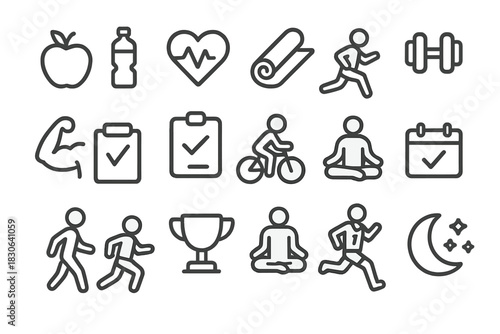 Fitness and wellness icons set featuring exercise, healthy eating, and physical activity symbols