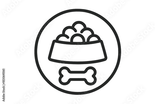 Circular outline containing a pet food bowl filled with kibble and a dog bone symbol