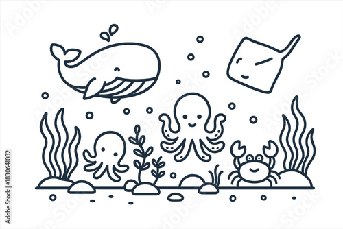 Adorable cartoon marine life scene featuring a whale, octopus, crab, and stingray
