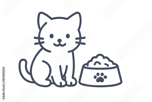 Adorable domestic kitten sitting patiently next to a full bowl of dry food for pets