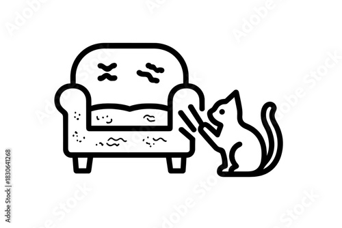 Mischievous domestic cat scratching and damaging the upholstery of a living room armchair