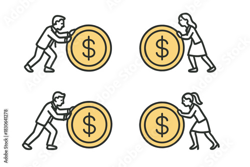 Business people pushing large dollar coins symbolizing financial effort and investment