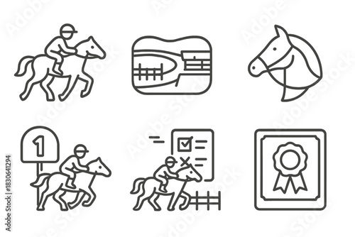 Equestrian sport symbols set featuring horse riding, jockey, racetrack, and award certificate