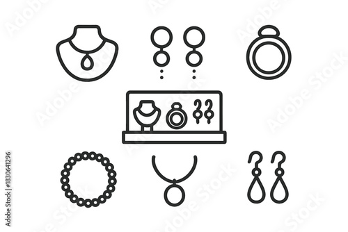 Minimalist line art symbols of luxury jewelry pieces including rings, necklaces, and earrings