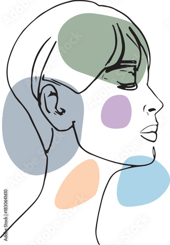 Serene Minimalist Line Art Woman with Soft Pastel Shapes