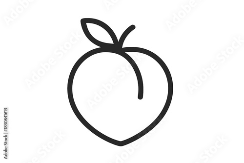 Simple black and white line art drawing of a fresh peach fruit with a stem and single leaf