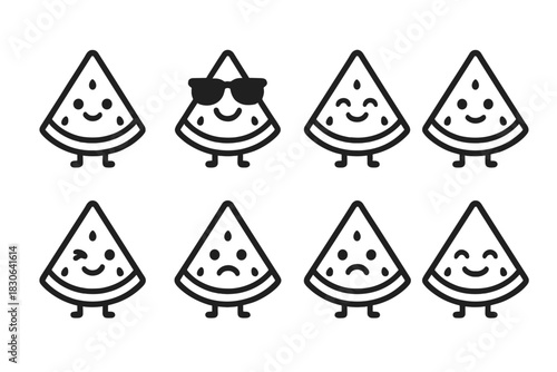 Adorable watermelon slice characters set showing various emotions and summer feelings