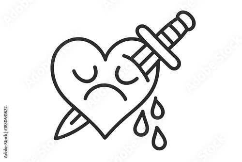 Crying heart pierced by a sharp dagger symbolizing heartbreak and emotional pain