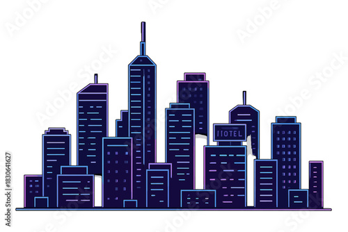 Vibrant futuristic city skyline silhouette featuring neon glowing skyscrapers isolated on white