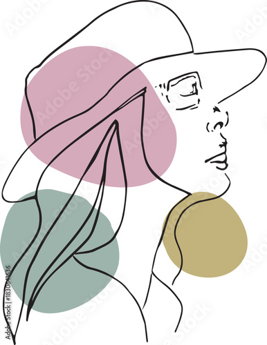 Minimalist Line Art Woman with Hat and Soft Abstract Shapes